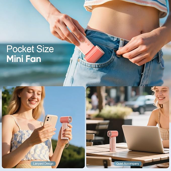 Portable Handheld Turbo Fan, 5 Speeds Strong Wind Mini Personal Fan with LED Display, 19H Max Cooling Battery Operated Rechargeable Fan for Travel, Beach, Cruise, Outdoor Activities - Pink