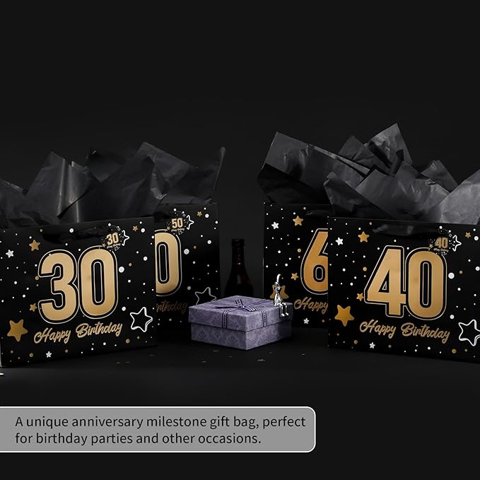 Powbrace 13" Black 50th Birthday Gift Bag with Tissue Paper and Greeting Card for Party,Happy Birthday Gift Bag for Men Women,Gift Bags Medium size(1 Black 50th)