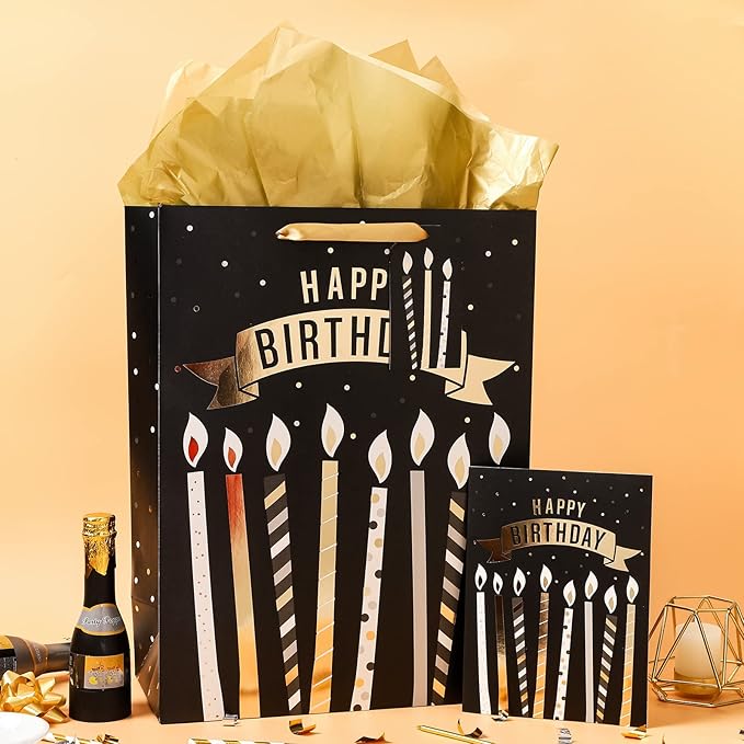 Loveinside Black and Gold Birthday Gift Bag with Tissue Paper, Gift Card for Birthday, Baby Shower, Party, and More - 12" x 16" x 5.7", 1 Pcs