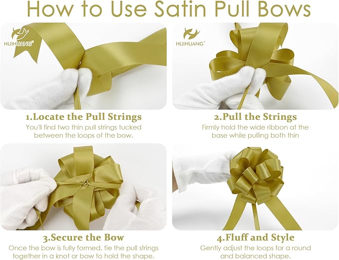 HUIHUANG Gold Christmas Bows for Gift Wrapping 12 PCS Gold Pull Bows 4" x 8" Satin Gift Bow for Presents, Gift Basket, Paper Bag, Wrapping Accessories, Wreaths, Wedding Christmas Decor