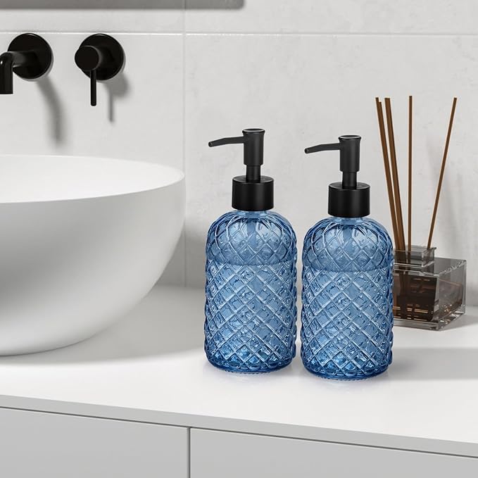13.5Oz Gem Design Soap Dispenser with Plastic Pump, Refillable Glass Soap Dispenser for Hand Soap, Dish Soap, Lotion (Blue & Plastic Pump)