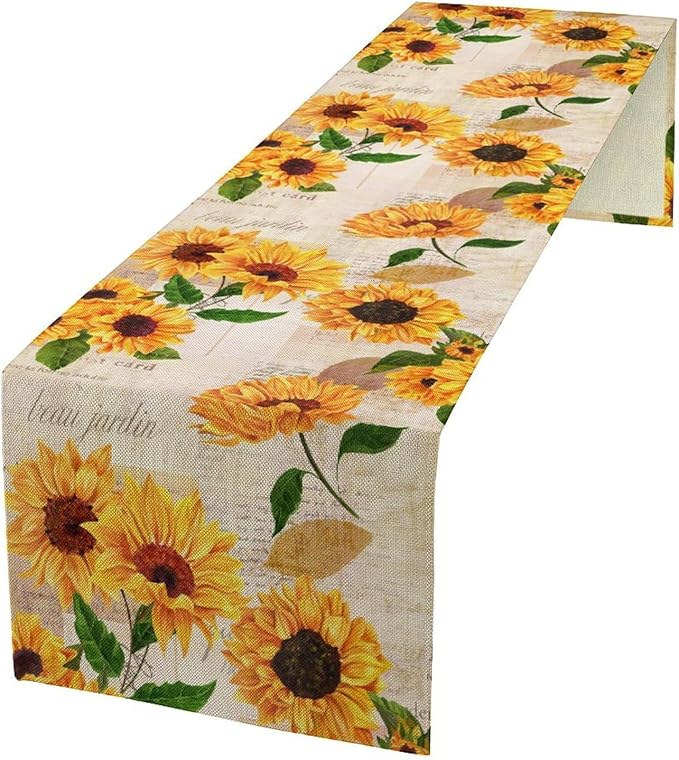 Sunflower Table Runner, Rustic Old Paper Seasonal Table Runner Farmhouse Kitchen Home Party Dining Room 13x70in