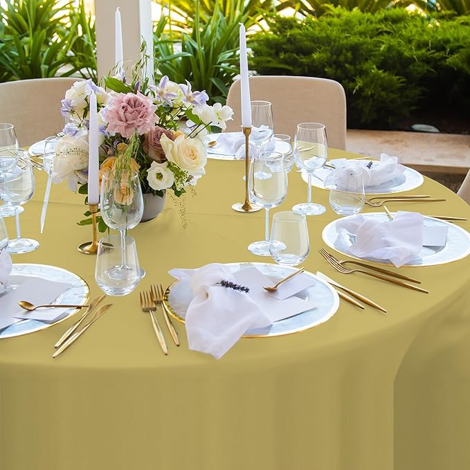 16 Pack Gold Plastic Tablecloth for Round Tables, Premium Decorative Gold Disposable Table Cloths for Parties, Bulk Round Party Table Cover for Birthday Wedding Anniversary Graduation, 84 Inch