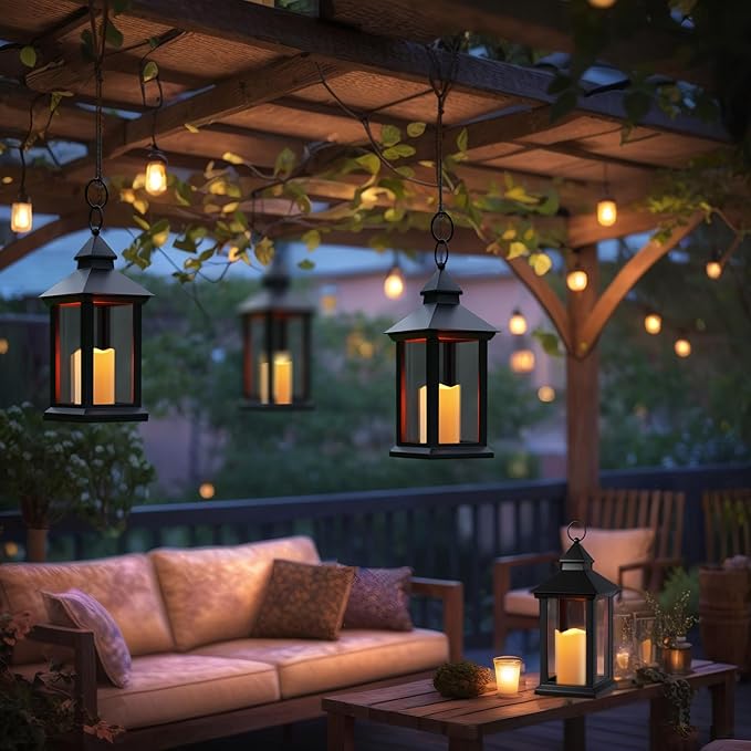 Lanterns Decorative Indoor, 2 Pack Black Decorative Flameless Candle Lanterns with Timer, Vintage 14" Waterproof Hanging Outdoor Lanterns, Battery Operated for Porch, Patio, Wedding Decor