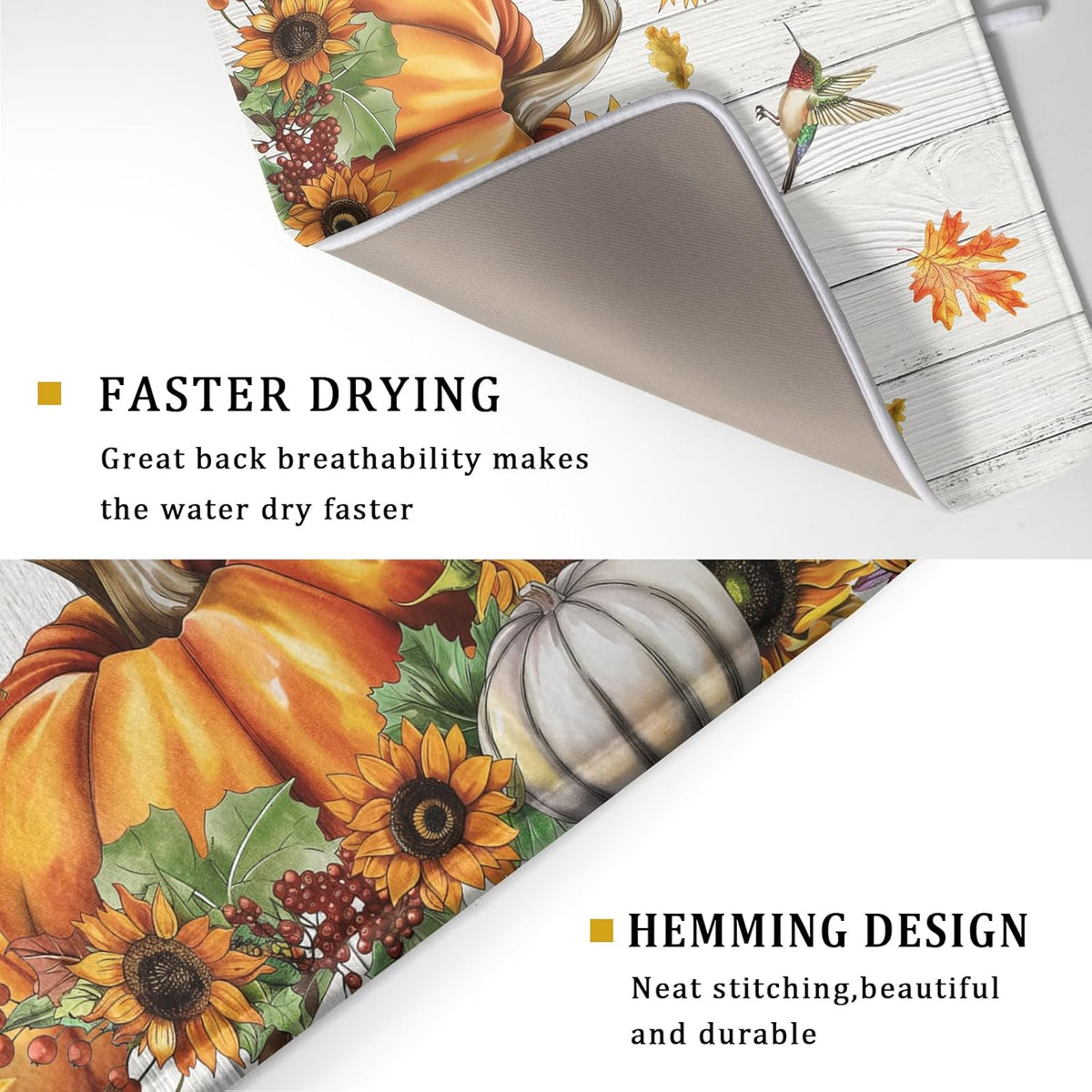 Autumn Harvest Pumpkin Dish Drying Mat for Kitchen Counter Sunflower Maple Leaves Fall Dish Drying Mat 18”x24” Thanksgiving Dishes Pad Dish Drainer
