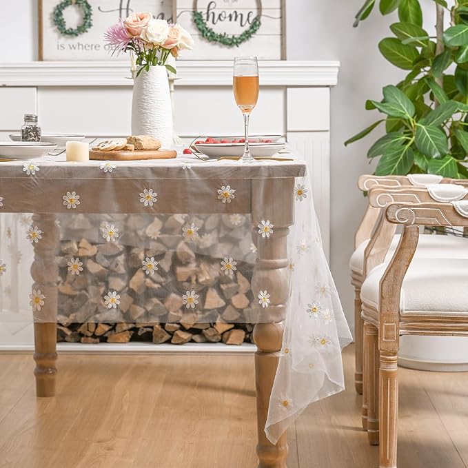 Horaldaily White Embroidery Daisy Spring Summer Gauze Tablecloth 52×70 Inch Rectangular, Seasonal Tulle Table Cover, Garden Party Decorations for Wedding, Party, Holiday Dining