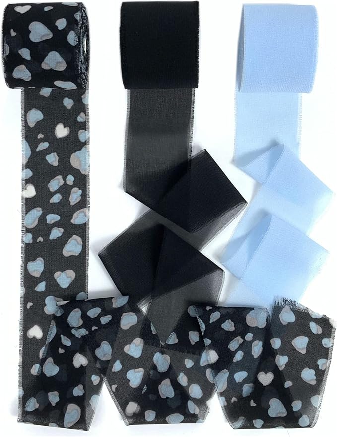 Chiffon Ribbon, 3 Rolls Handmade Floral Fringe Chiffon Silk Ribbons, 1.5" x 7 Yards Blue Leopard Ribbons Set for Wedding Invitations, Bridal Bouquets, Gifts Wrapping, DIY Crafts Decoration