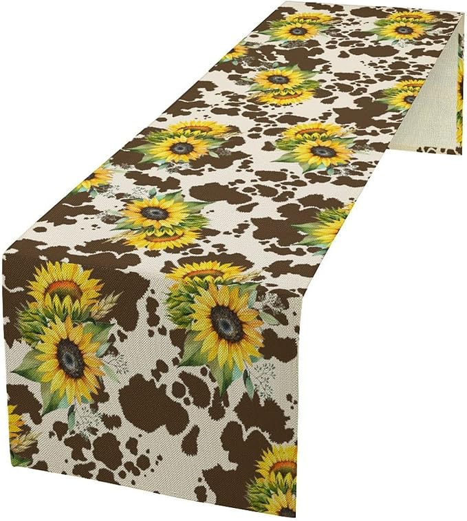 Cow Print Table Runner, Brown Sunflower Cow Print Animal Fur Skin Rustic Cowhide Pattern Table Runner for Kitchen Farmhouse Dining Home Outdoor 13x60in