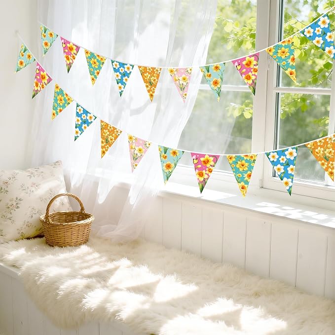 jijAcraft 4 Pack Spring Floral Bunting Banners - Pre-Strung Daffodil Flower Triangle Pennant Banner, Daffodil Spring Party Decorations for St David's Day March Birth Flower Spring Baby Shower Decor