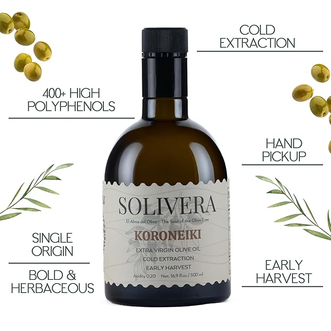 Solivera Koroneiki Extra Virgin Olive Oil Cold Pressed, 400+ High Polyphenols, Bold & Herbaceous, Single-Origin Hand Picked Organic Olive Oil