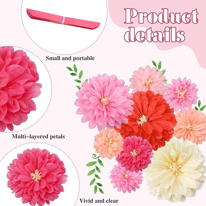 Geyee 18 Pcs Mexican Paper Flowers Colorful Fiesta Tissue Paper Flowers Pom Poms Mexican Carnival for Floral Party Backdrop Wedding Birthday Party Craft(Pink Series,10" 12" 14")