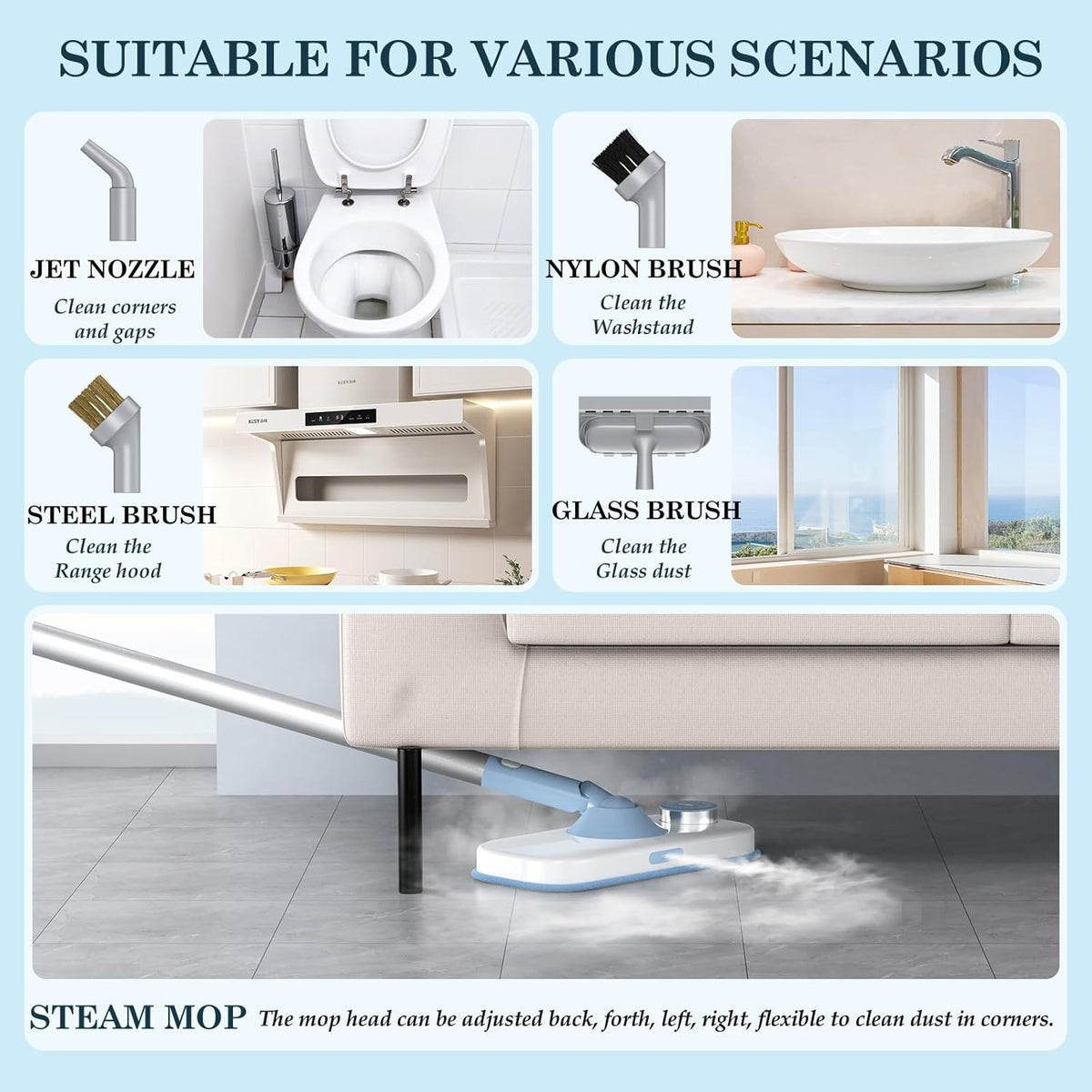 Steam Mop with Detachable Handheld Steamer Suitable for Hardwood, Tile, Laminate and All Floors, Powerful Steam Cleaner with Multipurpose Attachments Perfect for Other Home Cleaning