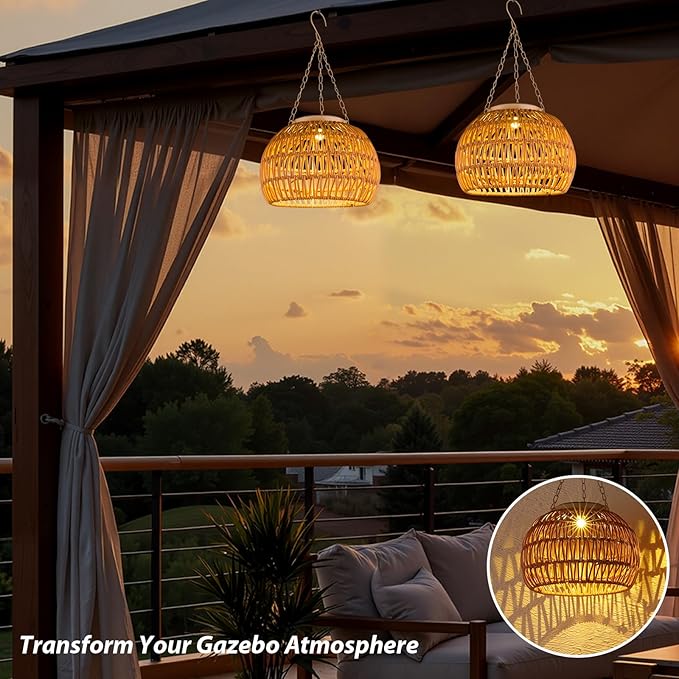 Hanging Solar Outdoor Lanterns Waterproof, Rattan Lights Hanging for Outside, Chandelier Solar Outdoor Idea for Gazebo Pergola Porch Patio Yard Garden Pathway Decor, 2 Pack