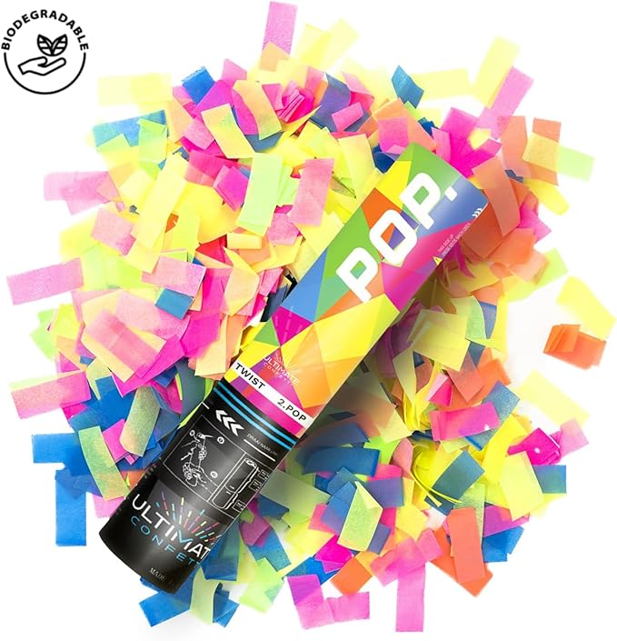 Ultimate Confetti Biodegradable Tissue Confetti Cannon 12", Disposable Confetti-Launcher, UV Blacklight Color - Safe Compressed Air Confetti Popper for Parties, Events, and More