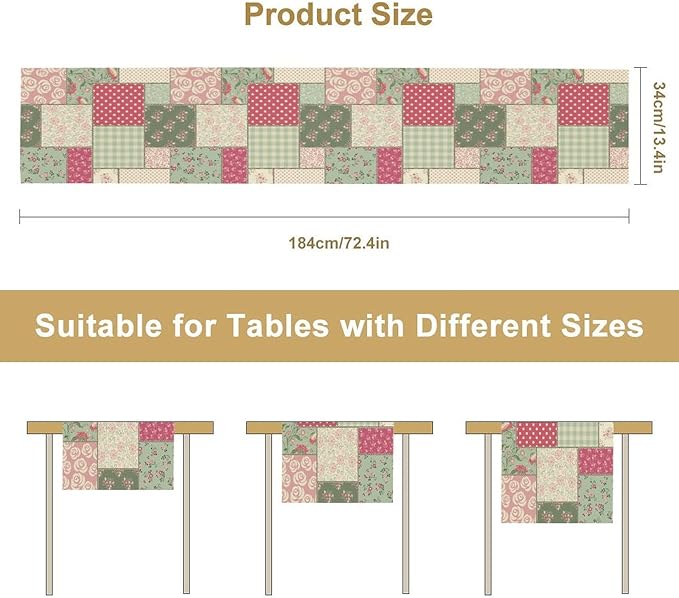 Patchwork Flowers Table Runner, Boho Plaid Floral Retro Romantic Rose Plants Table Runner for Dining Coffee Party Holiday Farmhouse 13x90in