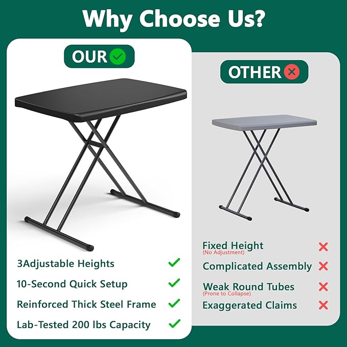 Folding Table 2 Pack,30 Inch-Small Desk Adjustable Height TV Tray for Laptop, Couch, Camping - Heavy Duty Utility Foldable Table for Small Spaces, No Assembly Required, Black Granite