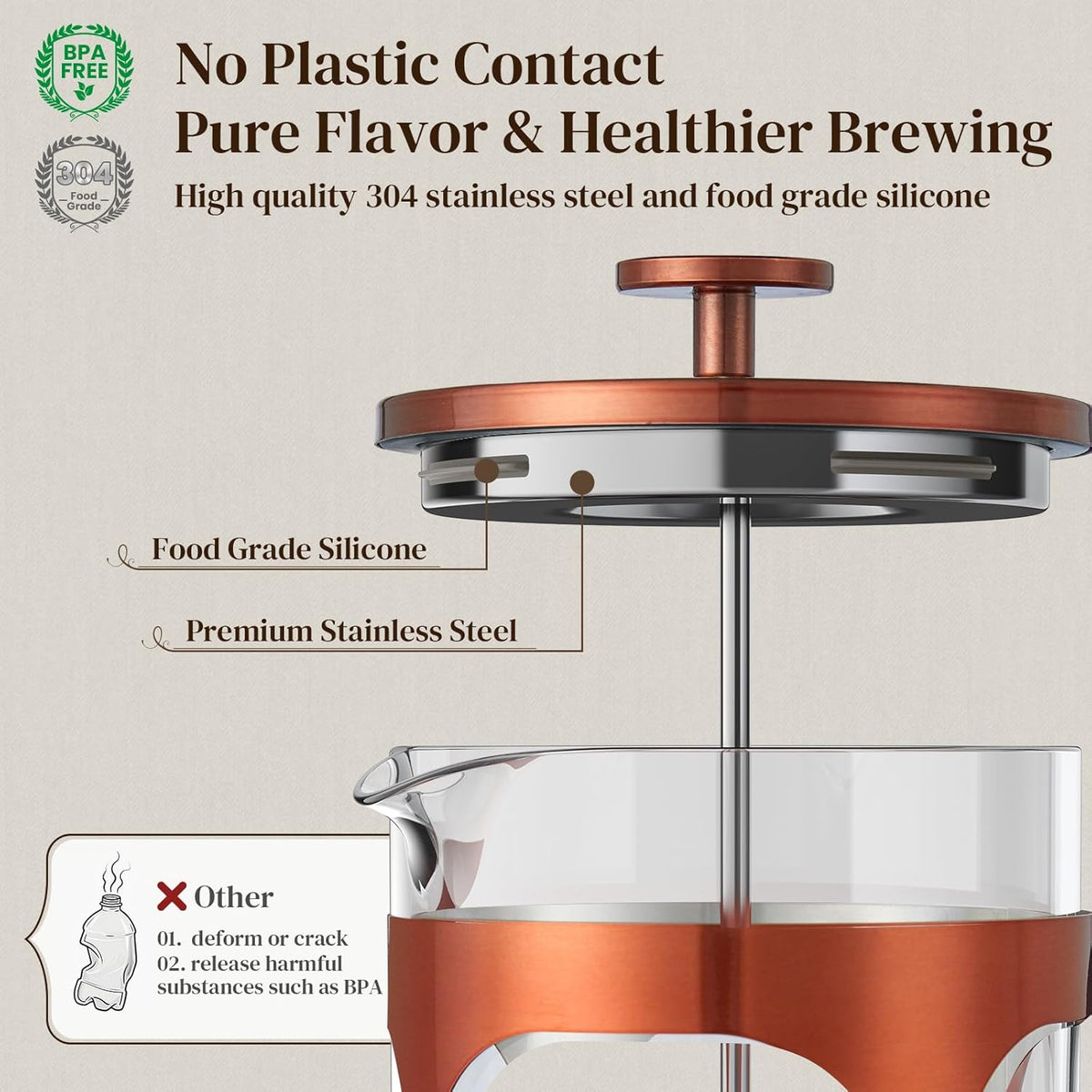 Veken French Press Coffee Maker 34oz 1 L, No Plastic Touching Cafe, Heat Resistant Thickened Borosilicate Glass, Stainless Steel Brewer