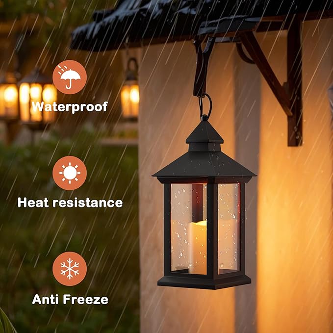 Lanterns Decorative Indoor, 1 Pack Black Decorative Flameless Candle Lanterns with Timer, Vintage 14" Waterproof Hanging Outdoor Lanterns, Battery Operated for Porch, Patio, Wedding Decor