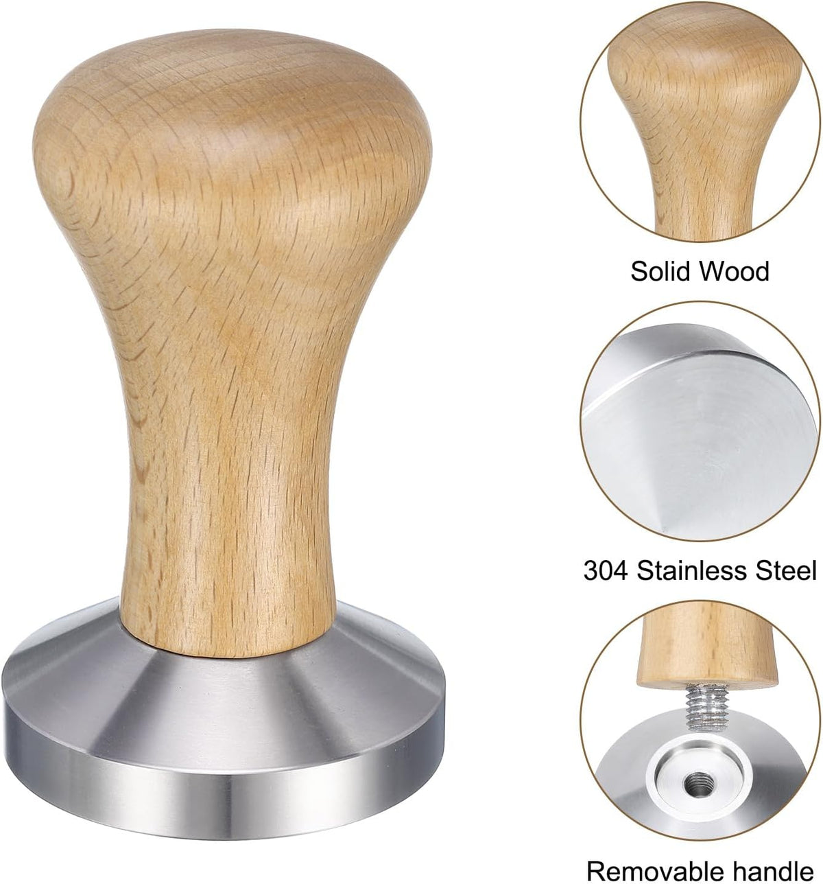 uxcell 51mm Espresso Tamper, Stainless Steel Press Tool Tamper with Wooden Handle, Espresso Accessories for Baristas, Home, Shops, Cafe (Flat Base