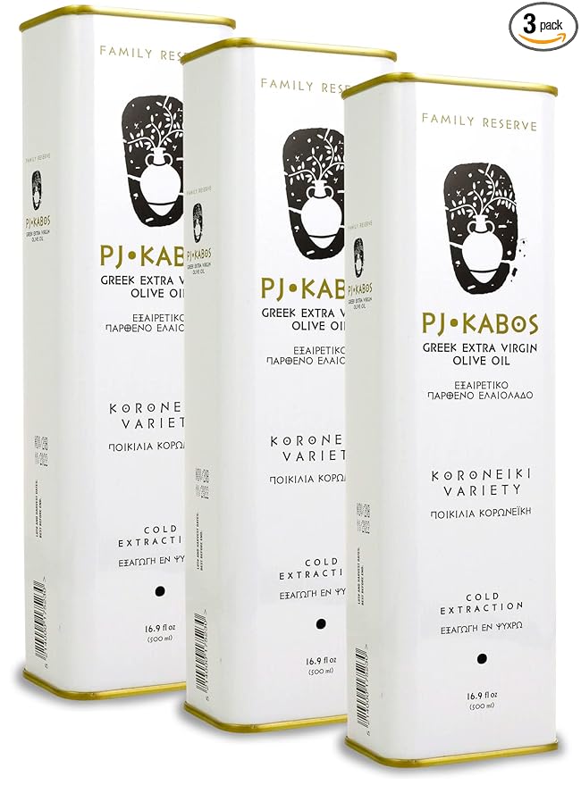 P.J. Kabos 2024/25 Harvest, High Phenolic (450+mg/kg), Premium Greek Extra Virgin Olive Oil, Kosher, Greece, Cold Extracted, 3 x 16.9 oz Tin