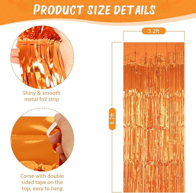 PIGETALE 2 Pack 3.2x8.2 Feet Orange Foil Fringe Backdrop Curtains, Metallic Tinsel Photo Booth Backdrop Streamers Birthday Party Decorations, Halloween Baby Shower Disco Basketball Party Supplies