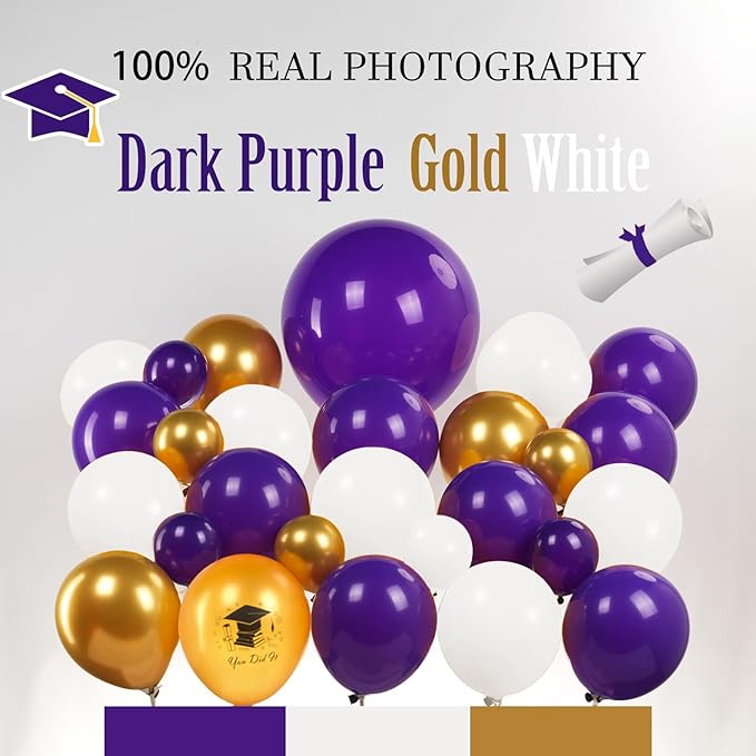 2026 Graduation Decorations Purple Gold White - 115Pcs Balloon Arch Kit with Certificate & Star Foil Balloons, Class of 2026 Graduation Party Supplies for College, High School Grad Prom Decor
