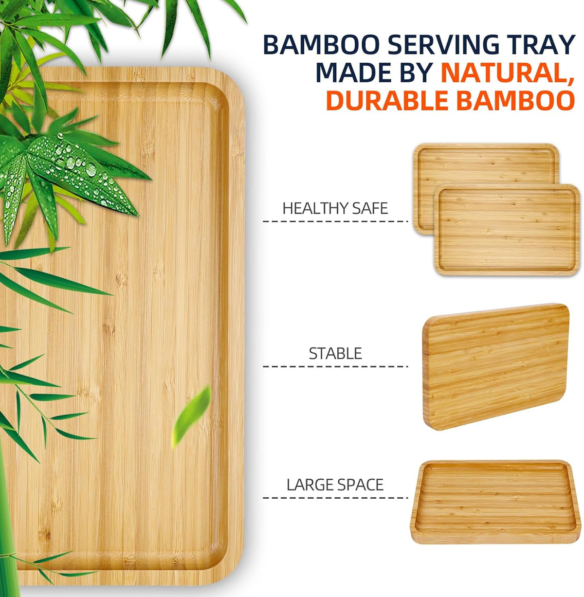 Bamboo Serving Tray 2 Pack – Trays for Serving Food in Bed Couch Kitchen or Patio – Rectangular Wooden Platters for Meals Snacks or Decor