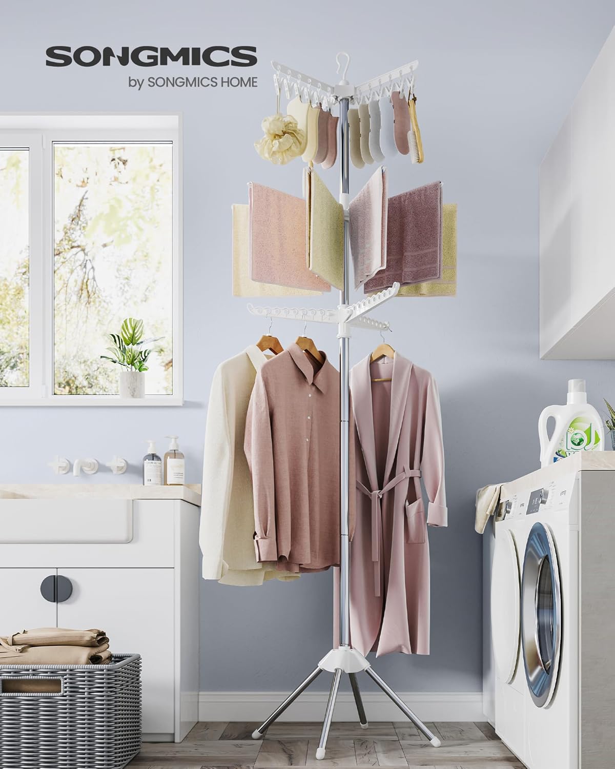 Songmics 3-Tier Clothes Drying Rack, 82.7-Inch Folding Laundry Drying Rack with 11 Rotatable Arms for Hangers, 24 Clips, Stainless Steel