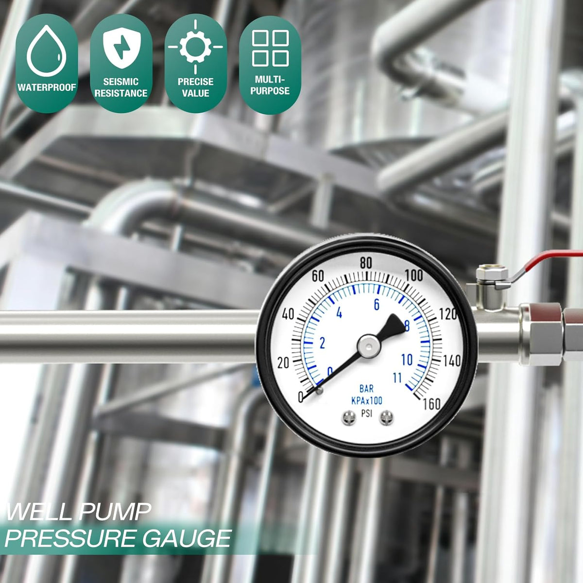 0-160psi Well Pump Pressure Gauge 1/4" NPT 2" Face Dial Size Back Mount, Multifunctional Practical Dry Pressure Gauge, for Water