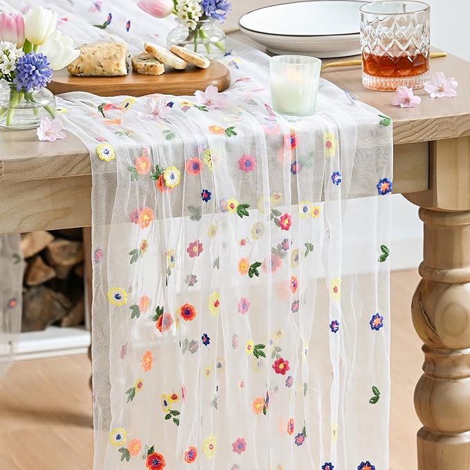 Artoid Mode 6PCS Embroidery Daisy Gauze Table Runner 120 Inch 10FT, Seasonal Sheer Kitchen Dining Holiday Wedding Birthday Table Decor for Home Party