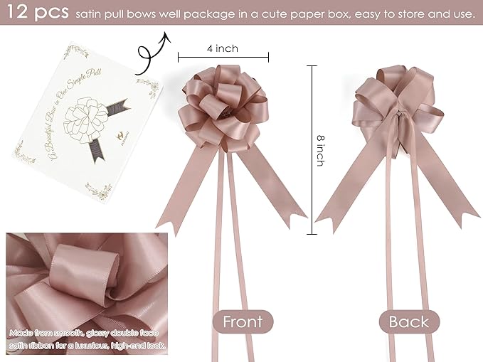 HUIHUANG Dusty Rose Bows 12 PCS Dusty Pink Pull Bows 4" x 8" Satin Present Bow for Gift Wrapping, Gift Basket, Paper Bag, Wrapping Accessories, Bridal Shower Wedding Christmas Decor
