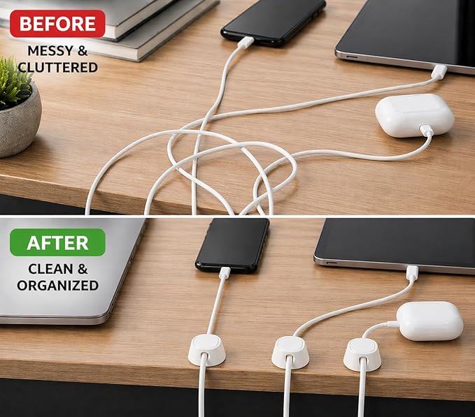 6-Pack Magnetic Cable Clips, Strong Adhesive Cord Holder for Desk, Nightstand, Car & Cable Management, White