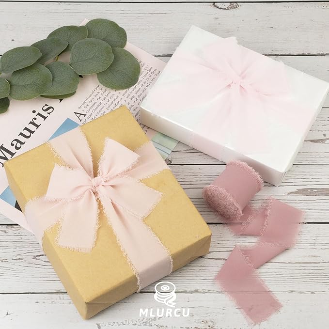 Pink Chiffon Ribbon 1.5 Inch x 21Yds Handmade Fringe Chiffon Silk Ribbon Dusty Rose/Blush/Pink Frayed Chiffon Ribbon for Wedding Invitation Flower Bouquets Gift Wrapping Bridal Shower Baby Shower