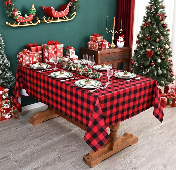 Waterproof Checkered Tablecloth Fabric - Rectangle 58x84 Inch Christmas Plaid Table Cloth for Indoor/Outdoor Use - Xmas Table Cover for Kitchen, BBQs, and Parties