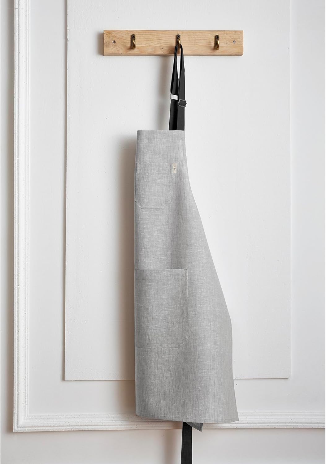 Solino Home Linen Kitchen Apron for Men & Women - 100% Pure Linen Light Grey/Black Bib Apron with Front Pockets - Handcrafted from European Flax