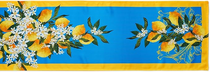 YiHomer Provence Blue Lemon Mediterranean Tile Tabletop for Spring Summer Decorations, Picnics and Dinner Parties - Indoor Outdoor, Stain and Water Resistant, Table Runner, 14 x 72
