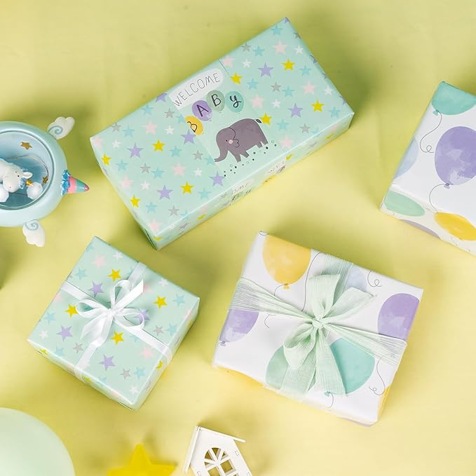 MAYPLUSS Baby Shower Wrapping Paper - 17" X 120" Per roll - Cute Little Boy Green Elephant Animal Design Birthday Joyful Celebration Gift Wrapping Paper for Baby Shower, Party, New Baby Birth