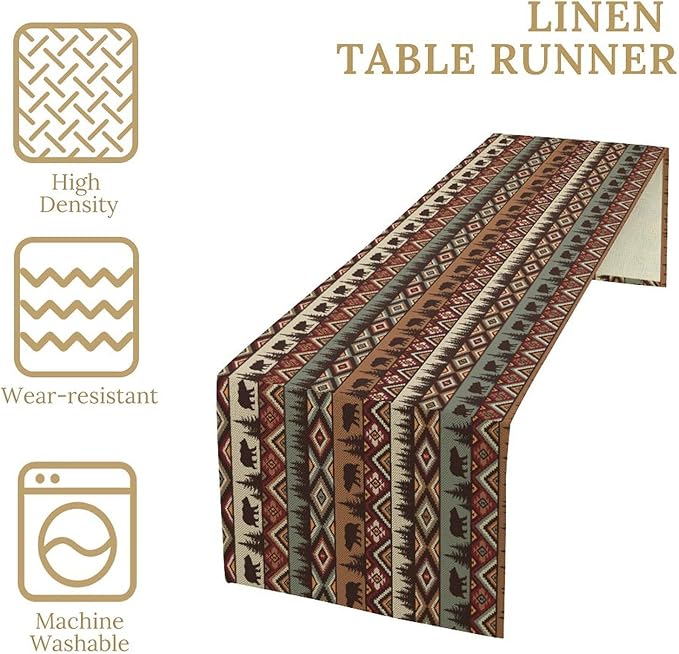 Rustic Bear Table Runner, Cabin Wild Animal Deer Moose Pine Tree Aztec Native Western Farmhouse Hunting Camping Table Runner for Kitchen Dining Home Party 13x108in
