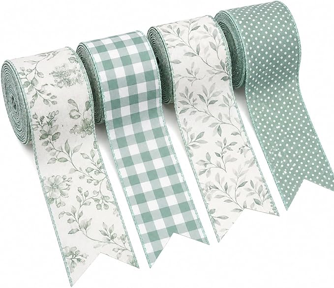 Sage Green Wired Ribbon Set, 4 Rolls 2.5 Inch Decorative Ribbon with Floral Gingham Polka Dot Leaf Designs for Wreaths, Bows, Gift Wrapping, Wedding Crafts