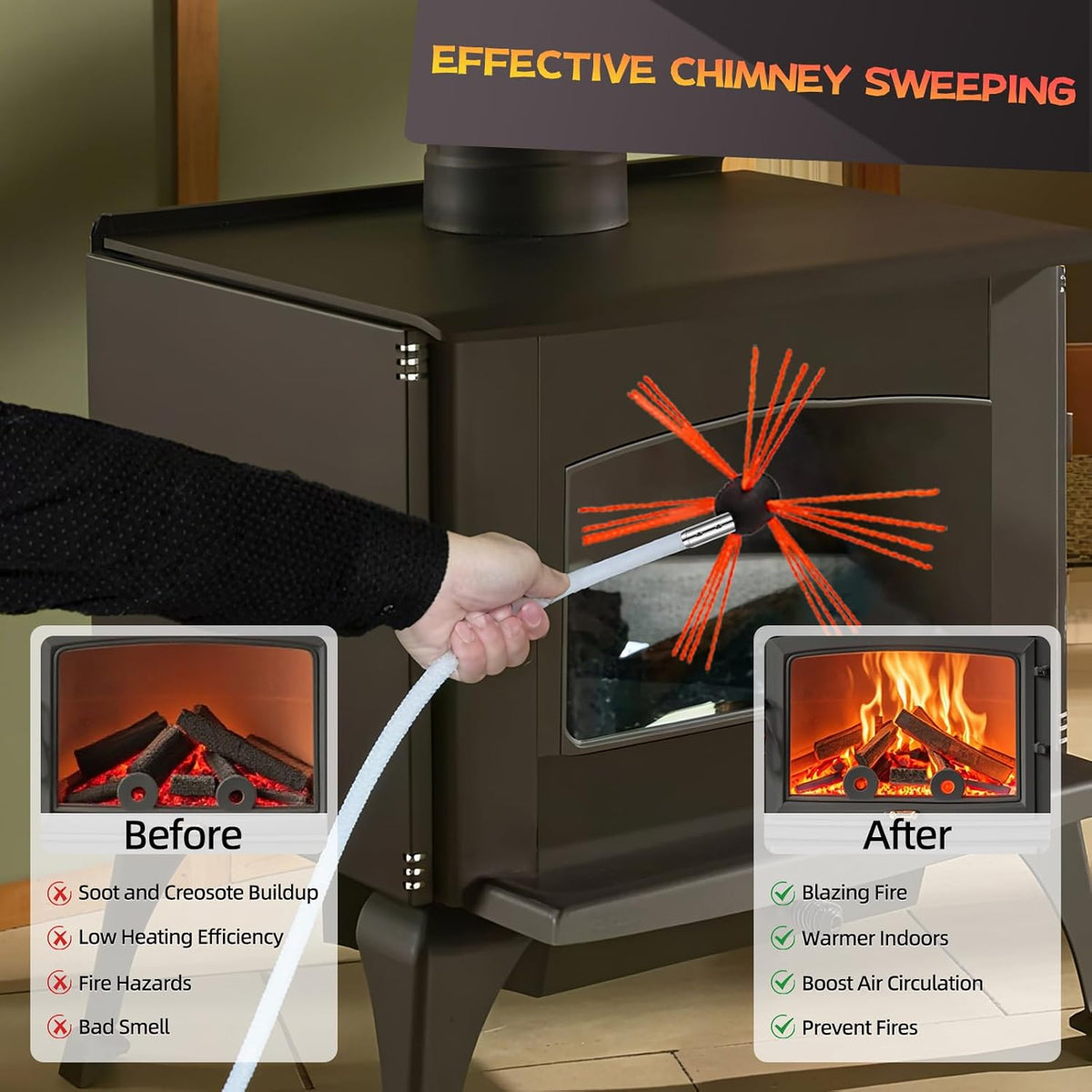 39 Feet Chimney Sweep Kit, Chimney Cleaning Kit with 12 Flexible White Chimney Rods, Chimney Brush for Sweeping Fireplace, Rotary Chimney Cleaning System Driven by Drill