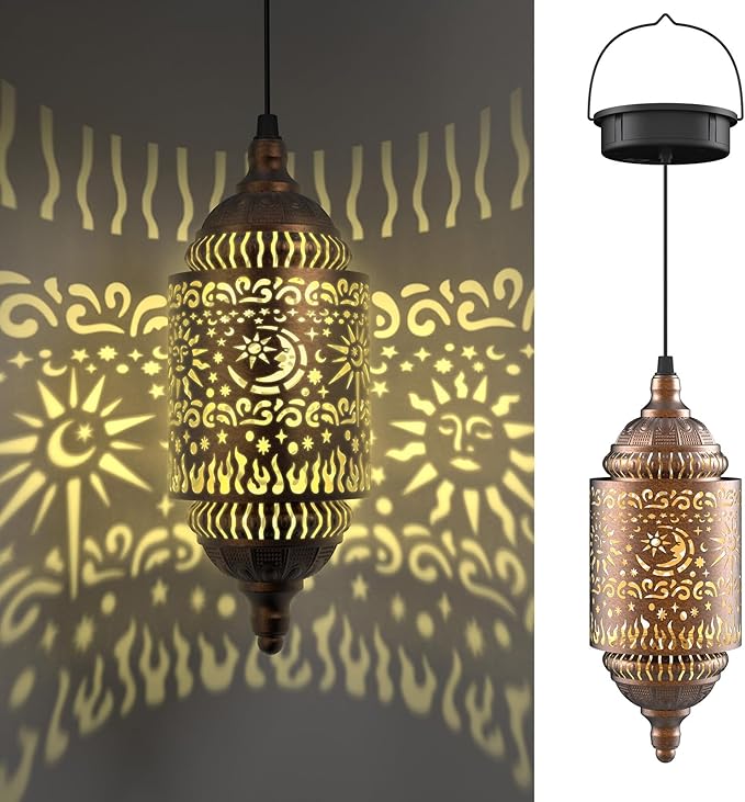 Hapjoy Moroccan Hanging Solar Lights Outdoor Garden Decor Sun and Moon Decorations Solar Lantern Waterproof for Patio Pathway Yard Backyard Garden Decorative (Cylinder, 1)