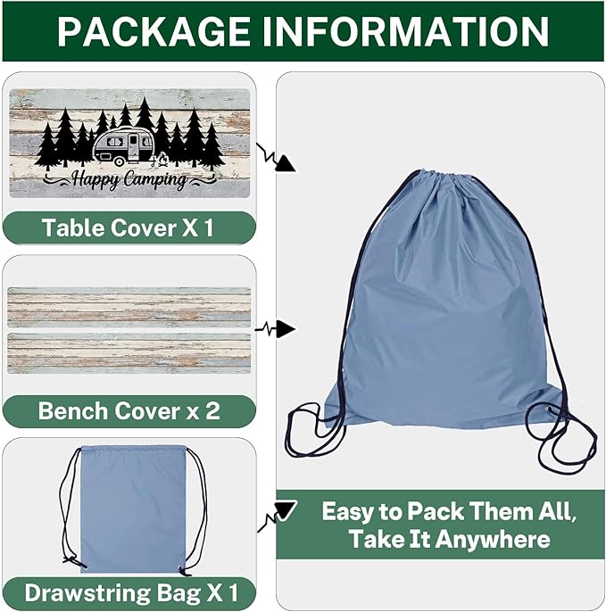 Picnic Table Cover with Bench Covers Elastic Edges, Wood Camper Fitted Table Cover, Outdoor Camping Essentials 72 Inch 3PCS, Waterproof Camping Fitted Tablecloth with Drawstring Bag