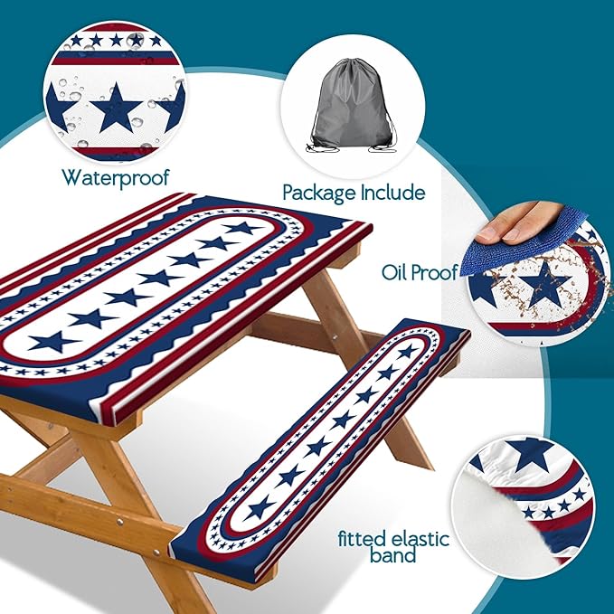 JAWO 4th of July Picnic Table Cover with Bench Covers, Patriotic USA Stars Waterproof Elastic Fitted Tablecloth, Independence Day Outdoor Camping Patio Essentials 3PCS with Drawstring Bag,60in