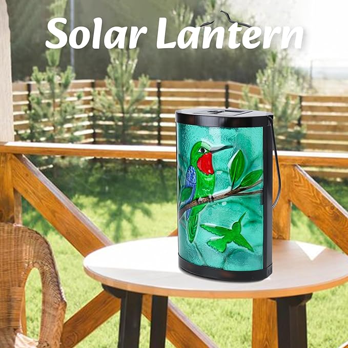 Hanging Solar Lantern Outdoor Waterproof Hummingbird Solar Lights Glass Tabletop Decorative Lamp for Outdoor Patio Garden Outside Yard Decor