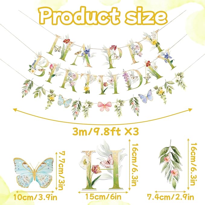 SUNBEAUTY Wildflowers Butterfly Birthday Decorations Garden Flower Happy Birthday Banner with Floral Hanging Swirls Wildflower Party Decorations for Women Girls Baby Shower Wedding Tea Party