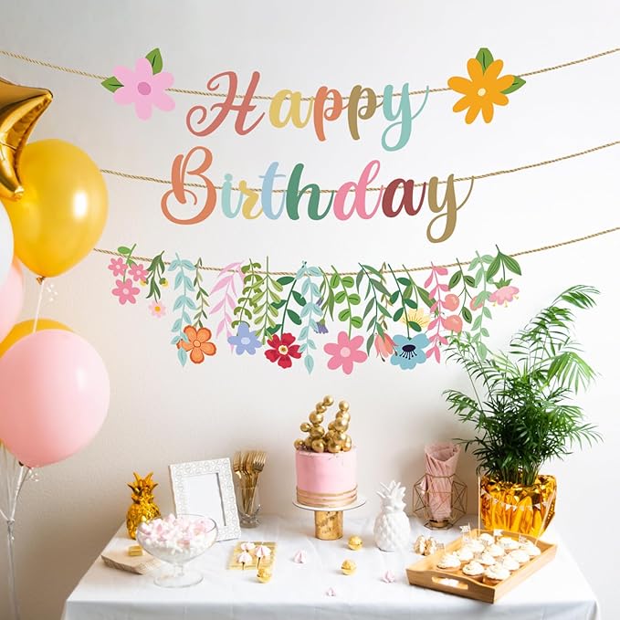 Flower Birthday Decorations, 3PCS Floral Birthday Party Banners Garland Decor No-DIY, Wildflowers Garden Themed Party Supplies Decor for Women