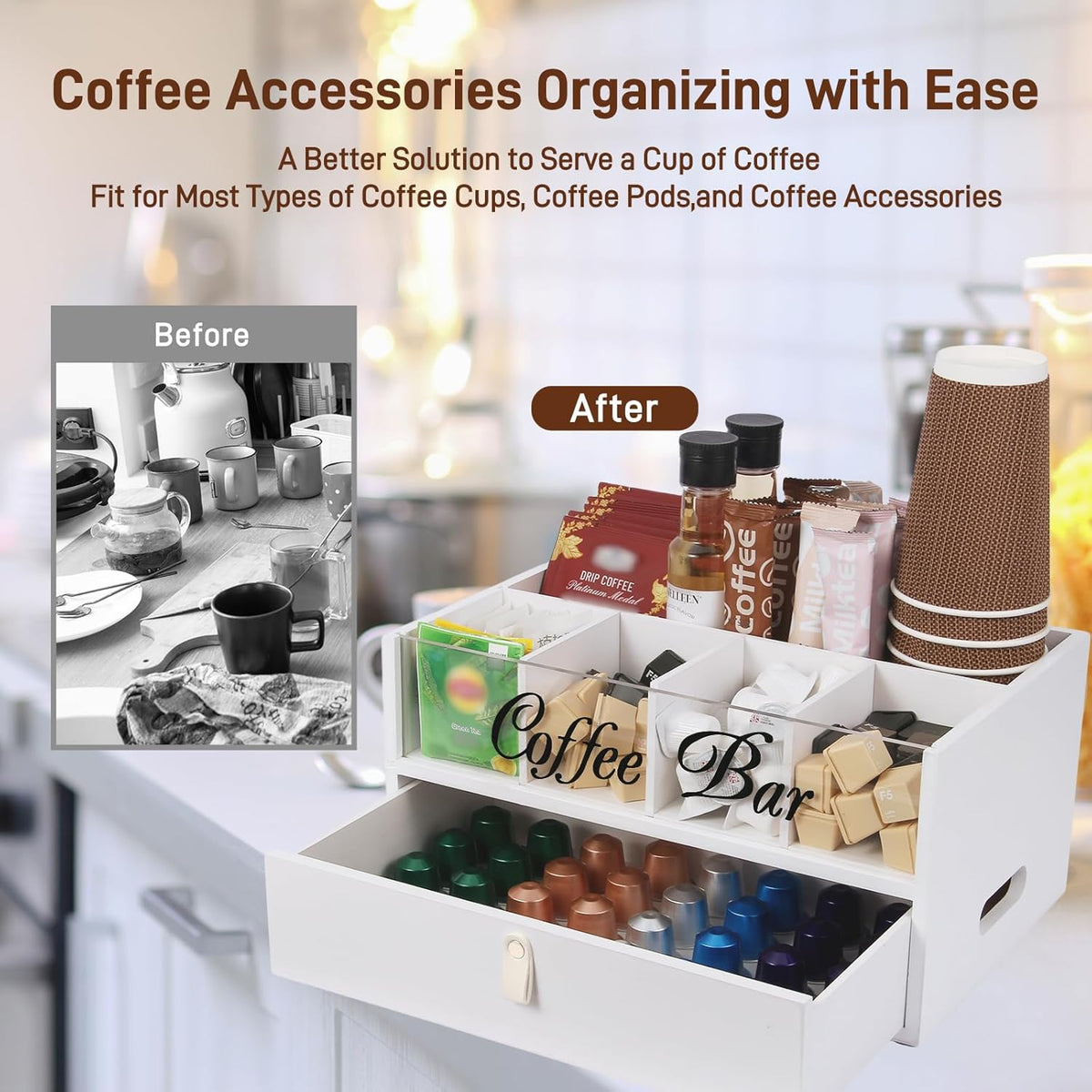 2-Tier Coffee Bar Organizer with Clear Acrylic Top, Built-in Drawer and Leather Handle Pull for Countertop