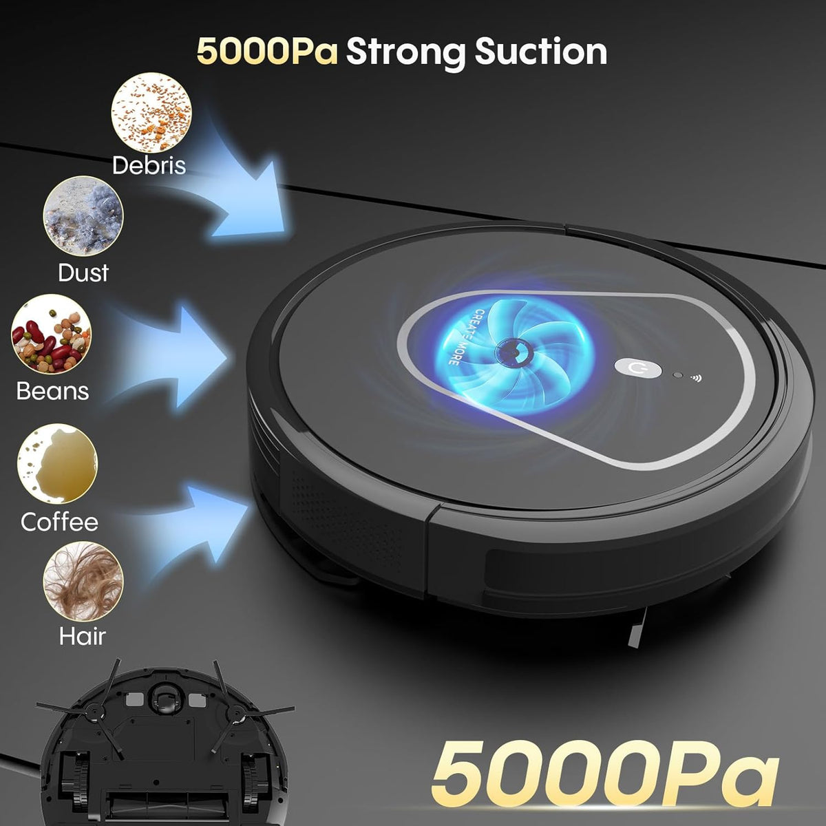 Bagotte Robot Vacuum and Mop Combo, 3 in 1 Vacuum Robot with 5000Pa Strong Suction,WiFi/App/Voice, Schedule, Self-Charging, Slim, Ideal for Hard Floor, Pet Hair, Carpet