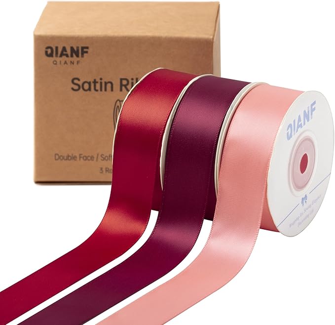 QIANF Burgundy Double Face Satin Ribbon 1 Inch x 45 Yards Wine Red Coral Pink Fabric Ribbon for Gift Wrapping, Flower Bouquets, Bows Making, Wedding Decor, Invitation Cards, Christmas (3 Rolls *15Yd)