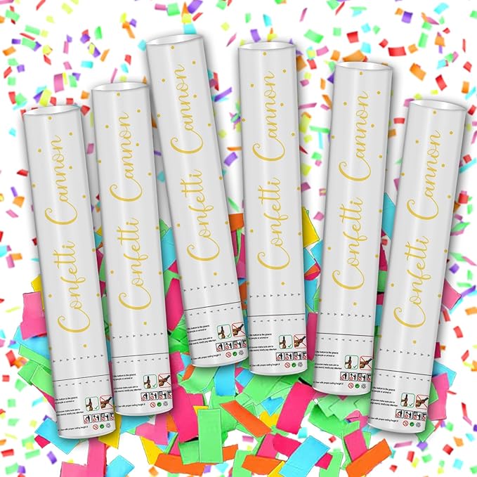 12" Confetti Cannons with Colorful Filling - Confetti Party Poppers for Birthday Wedding Graduations Fiesta Christmas New Year Celebrations - Easy to Use, Biodegradable Confetti - Pack of 6